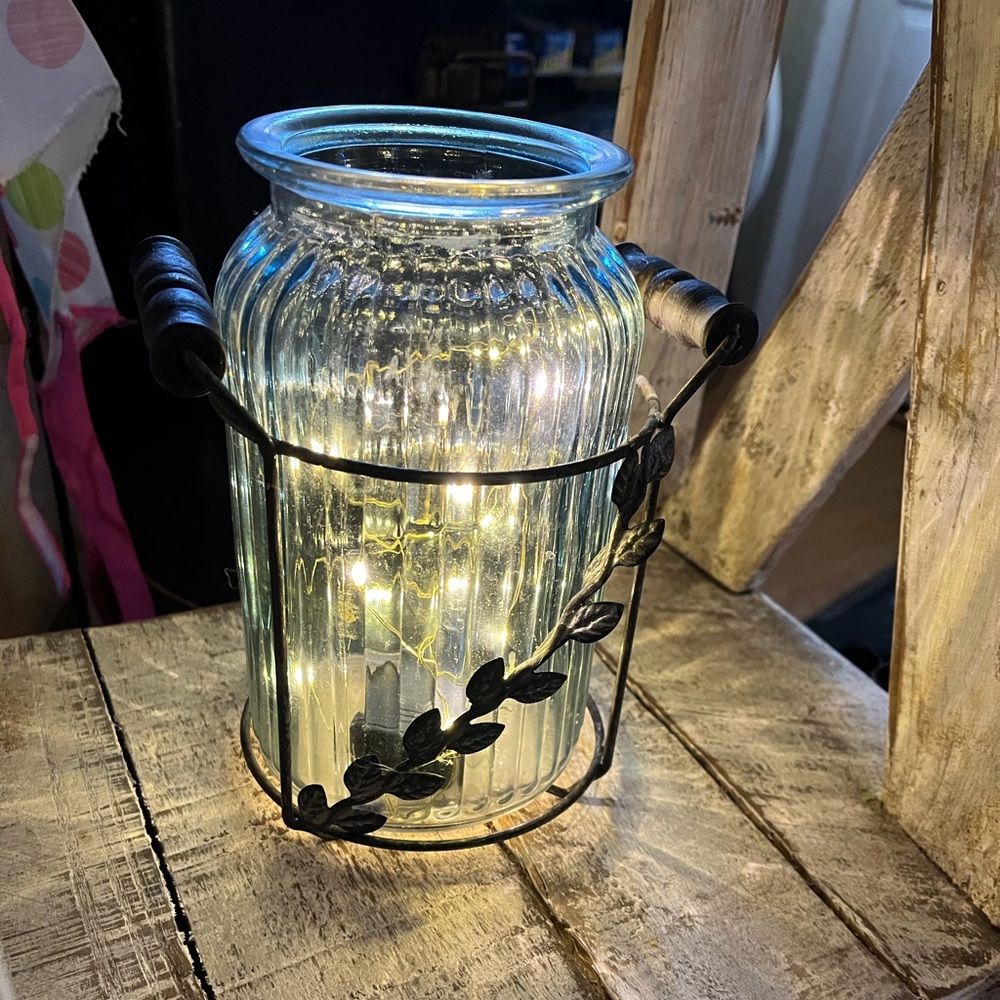 Vintage Blue Glass with Metal Leaf Design